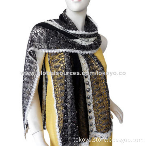 Woven scarf with metal button and lace border, environment-friendly, white and black